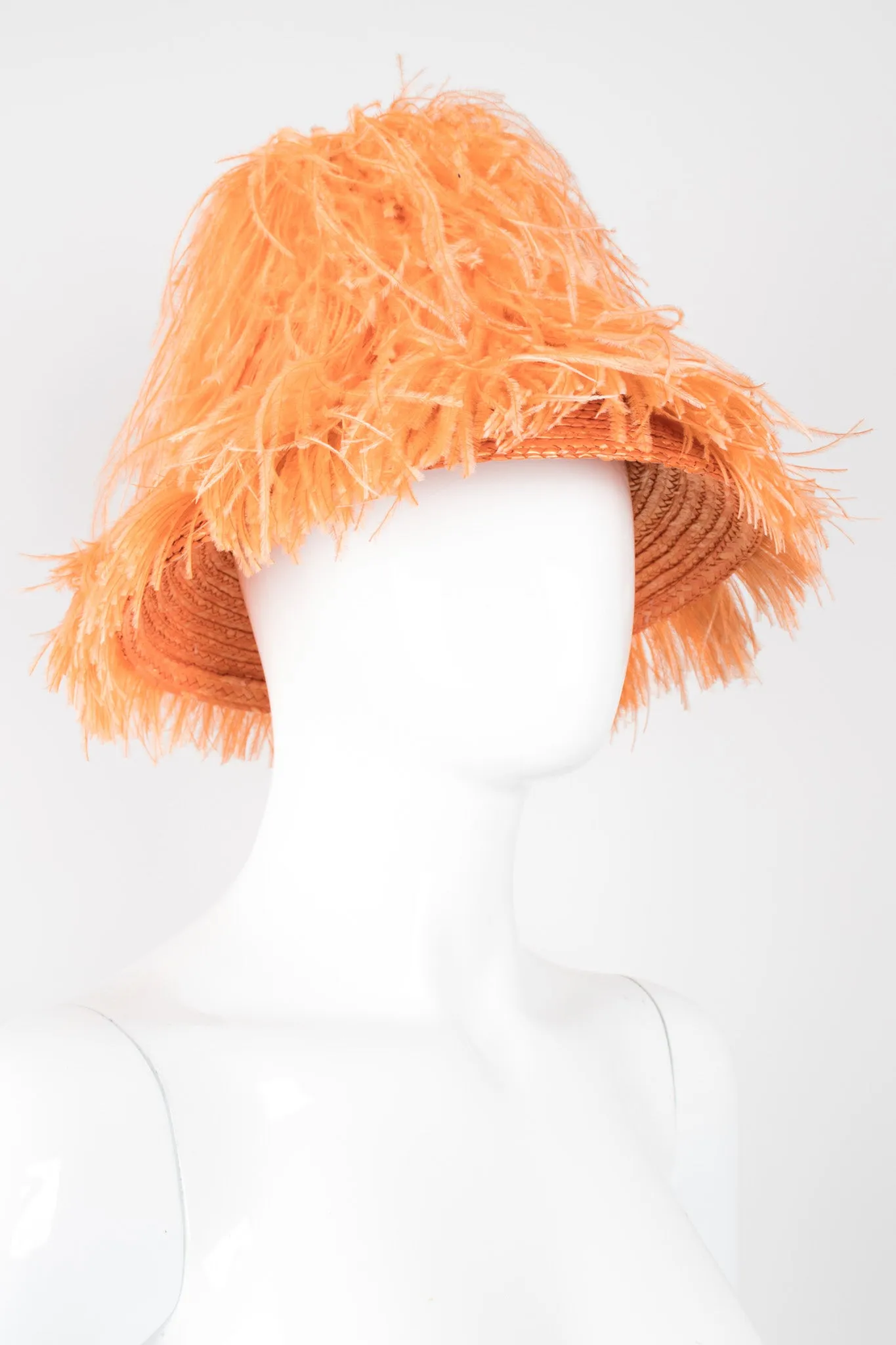 Ostrich Feather Straw Bucket Hat