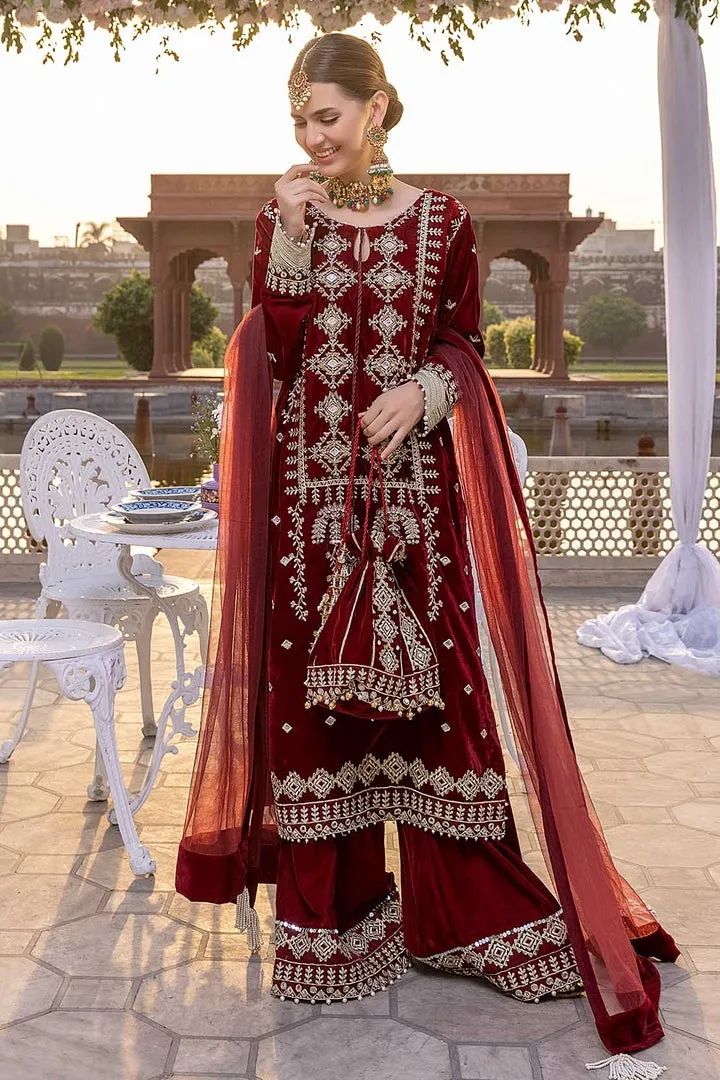 Pakistani Red Velvet Salwar Kameez for Party #PN577