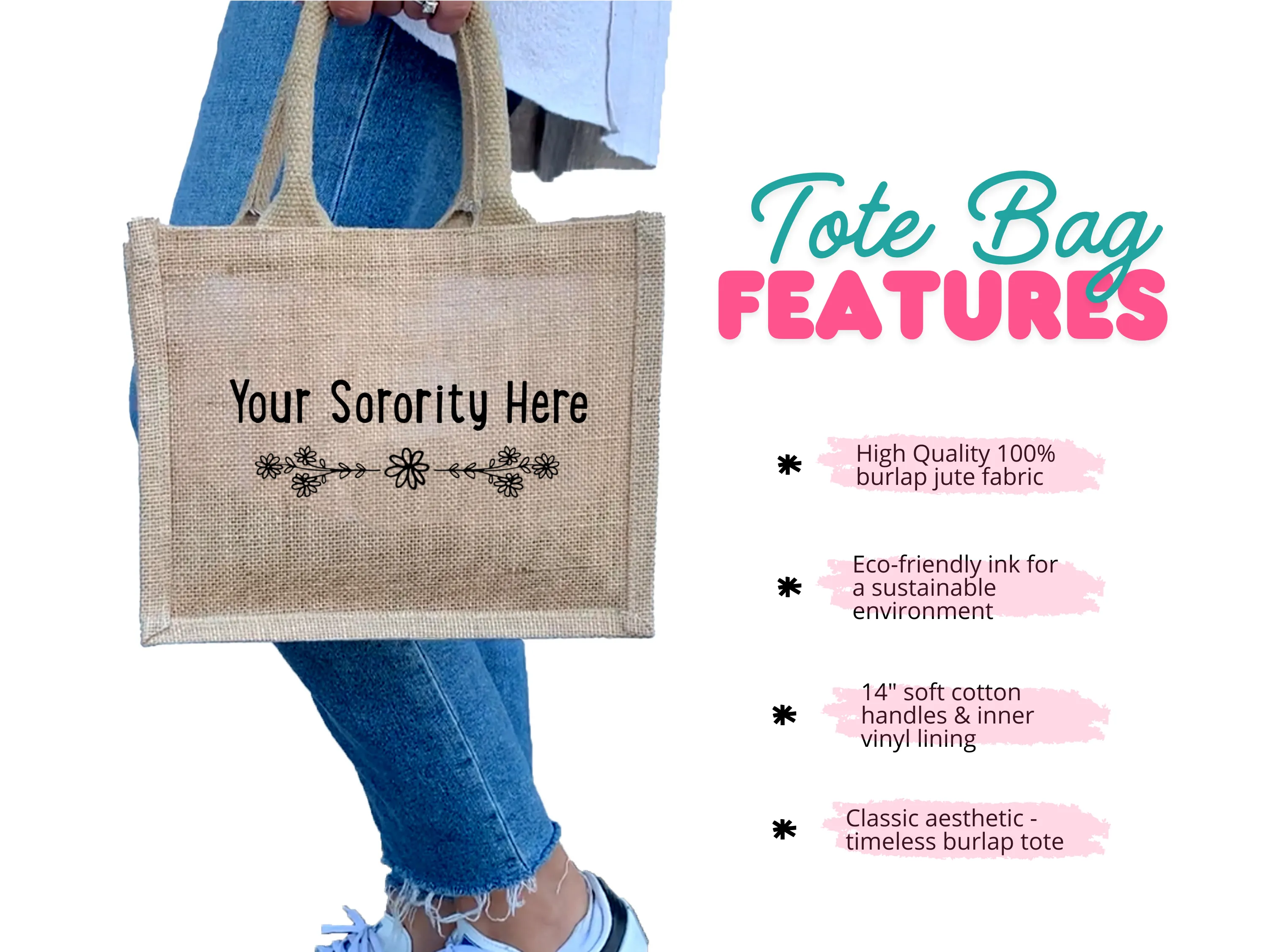 Phi Mu  Floral Burlap Sorority Tote Bag – Perfect for Greek Life and College
