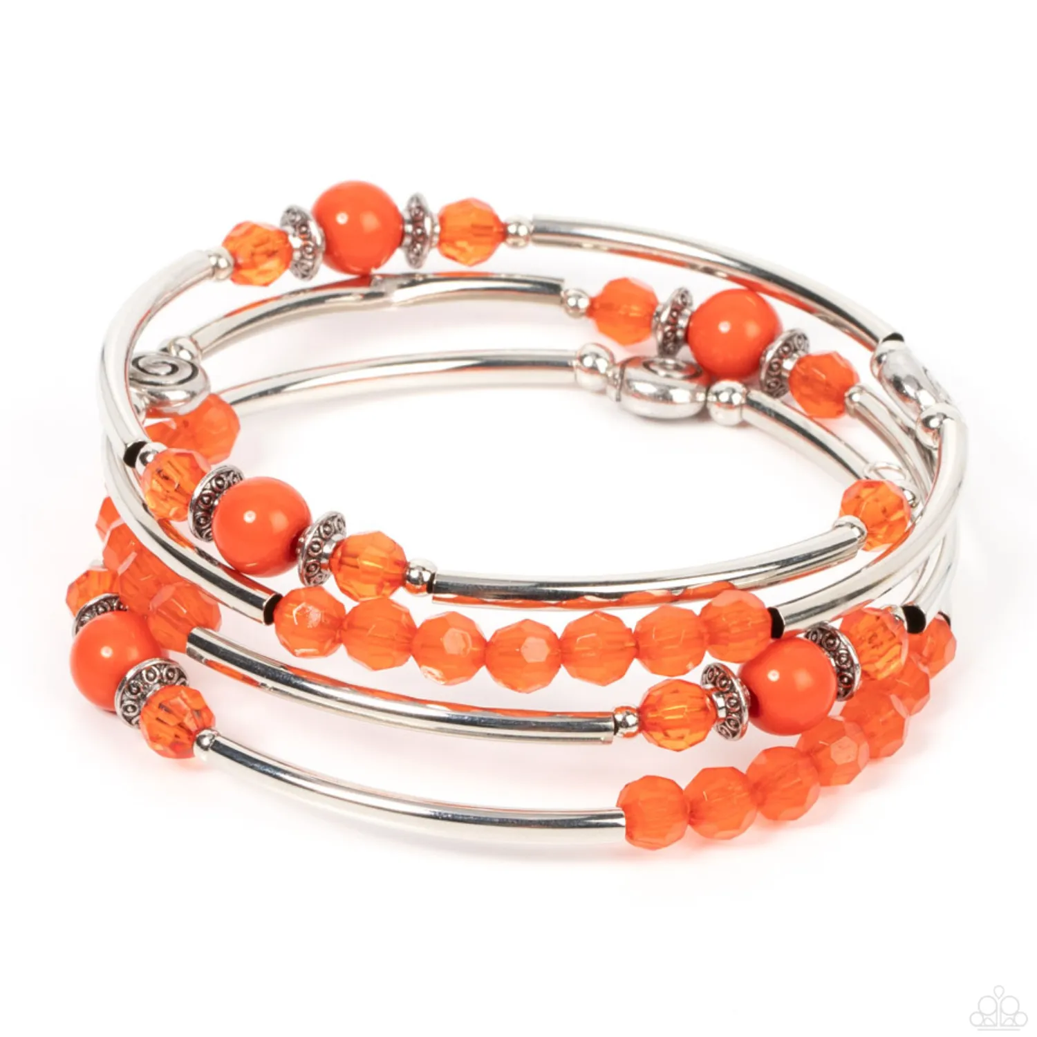 "Whimsically Whirly" Faceted & Acrylic Orange & Silver Bars Beaded Flexible COIL Bracelet.