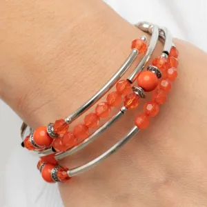 "Whimsically Whirly" Faceted & Acrylic Orange & Silver Bars Beaded Flexible COIL Bracelet.