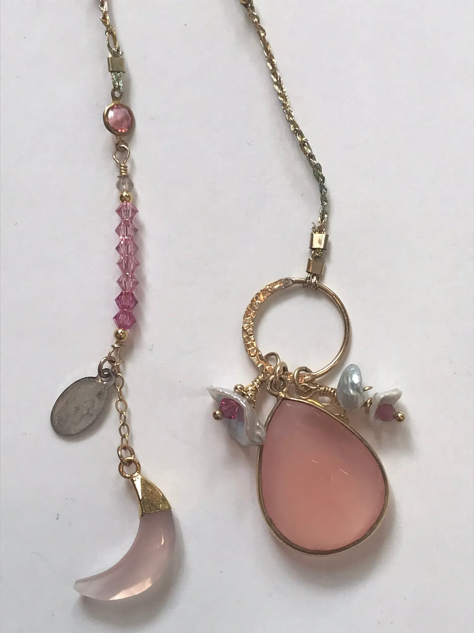 Rose Quartz Tear Drop Necklace with Crescent Moon
