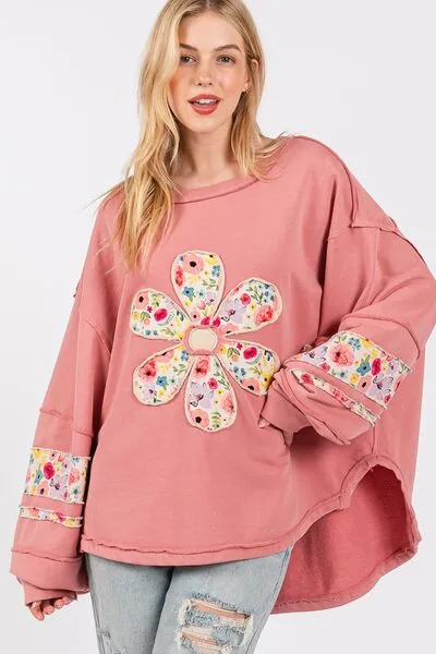 SAGE   FIG Daisy Patch Applique Long Sleeve Sweatshirt