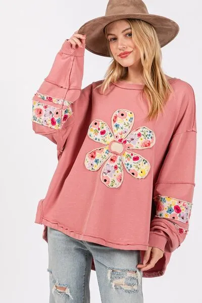 SAGE   FIG Daisy Patch Applique Long Sleeve Sweatshirt