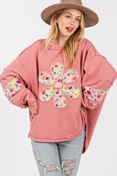 SAGE   FIG Daisy Patch Applique Long Sleeve Sweatshirt