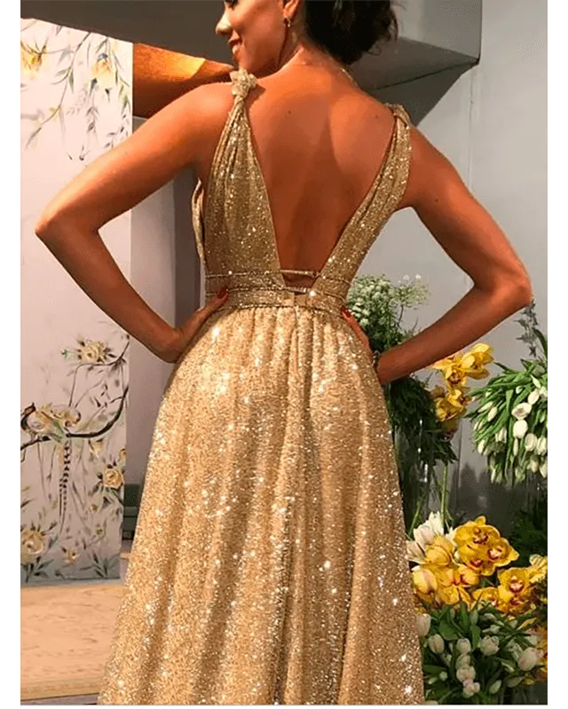 Sexy V Neck Gold Sequin Empire Long Prom Dress Evening Dress TP0948