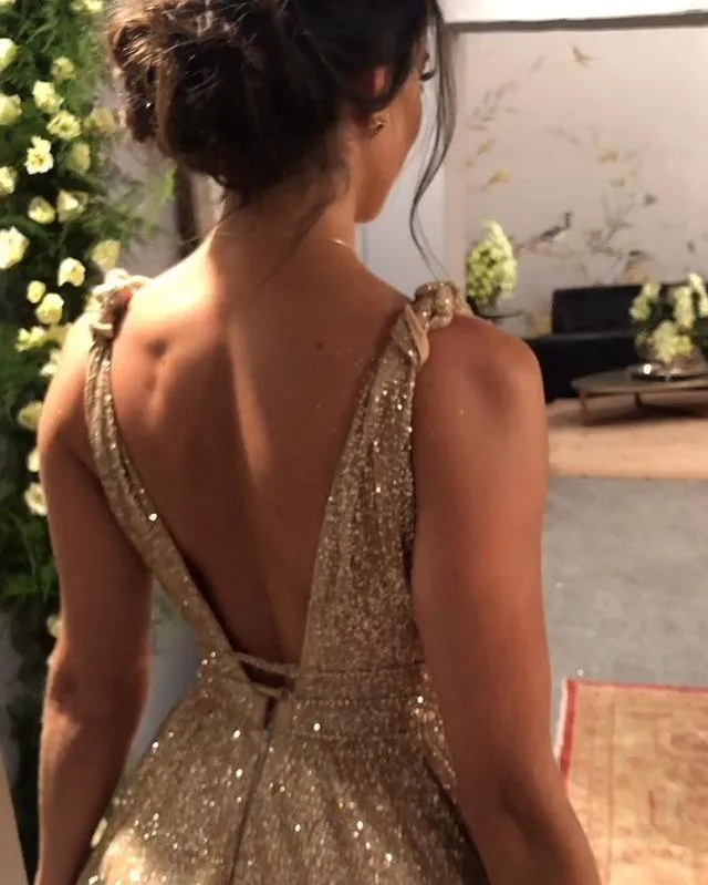 Sexy V Neck Gold Sequin Empire Long Prom Dress Evening Dress TP0948