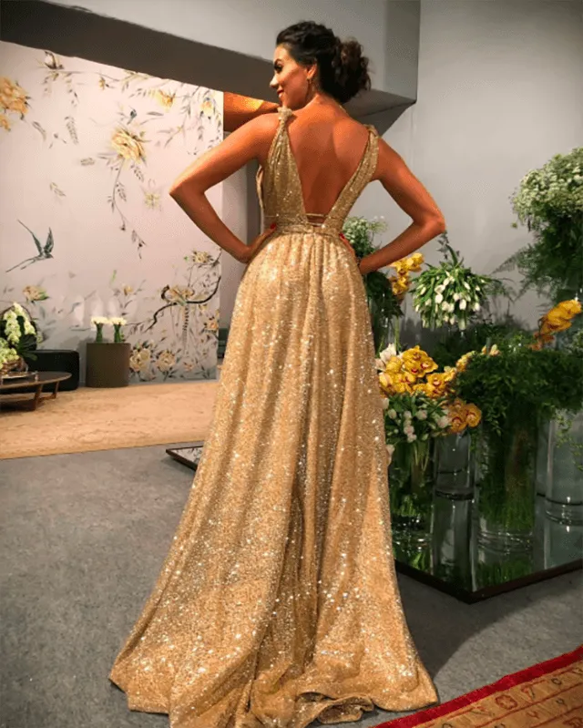 Sexy V Neck Gold Sequin Empire Long Prom Dress Evening Dress TP0948