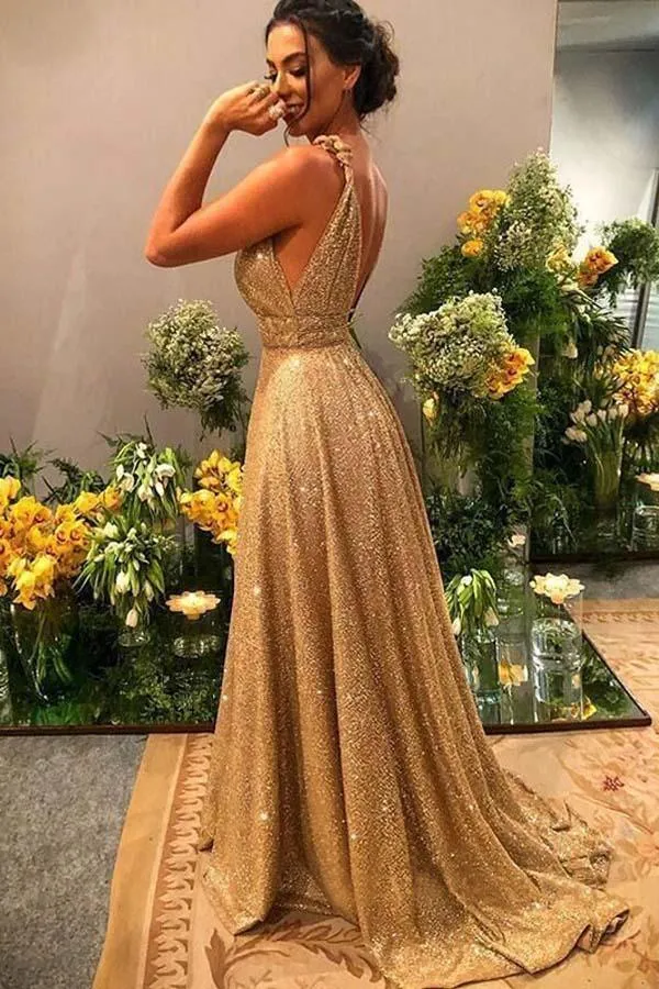 Sexy V Neck Gold Sequin Empire Long Prom Dress Evening Dress TP0948