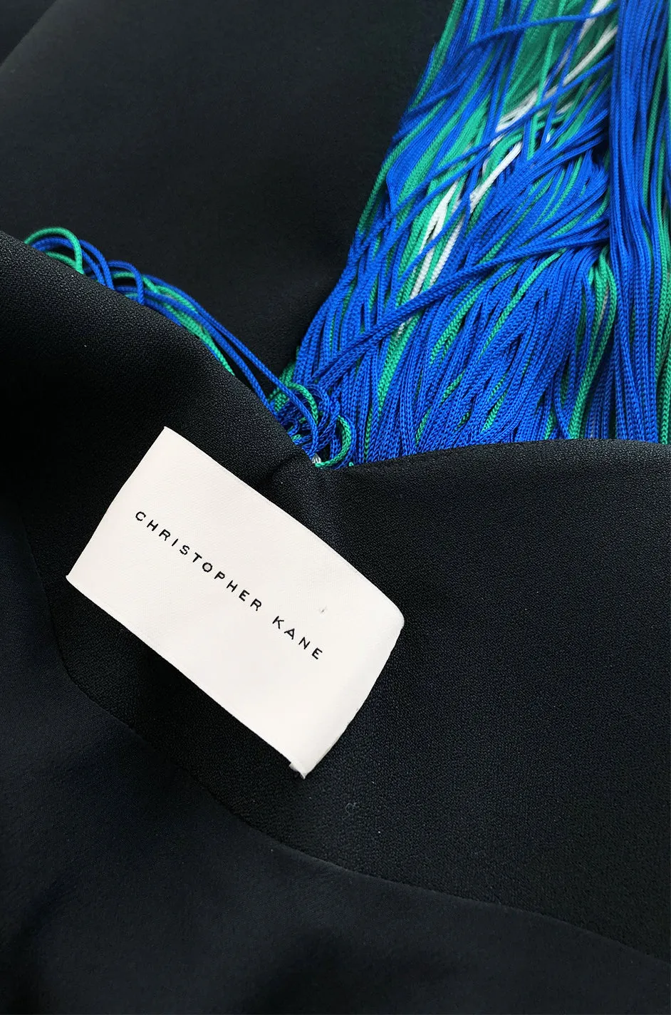 Spring 2016 Christopher Kane Runway Blue Fringe on Black Mini Dress