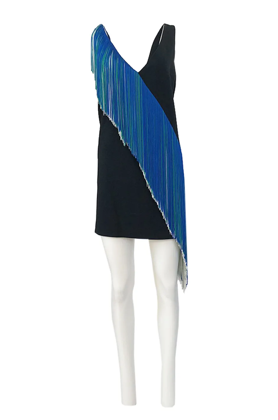 Spring 2016 Christopher Kane Runway Blue Fringe on Black Mini Dress