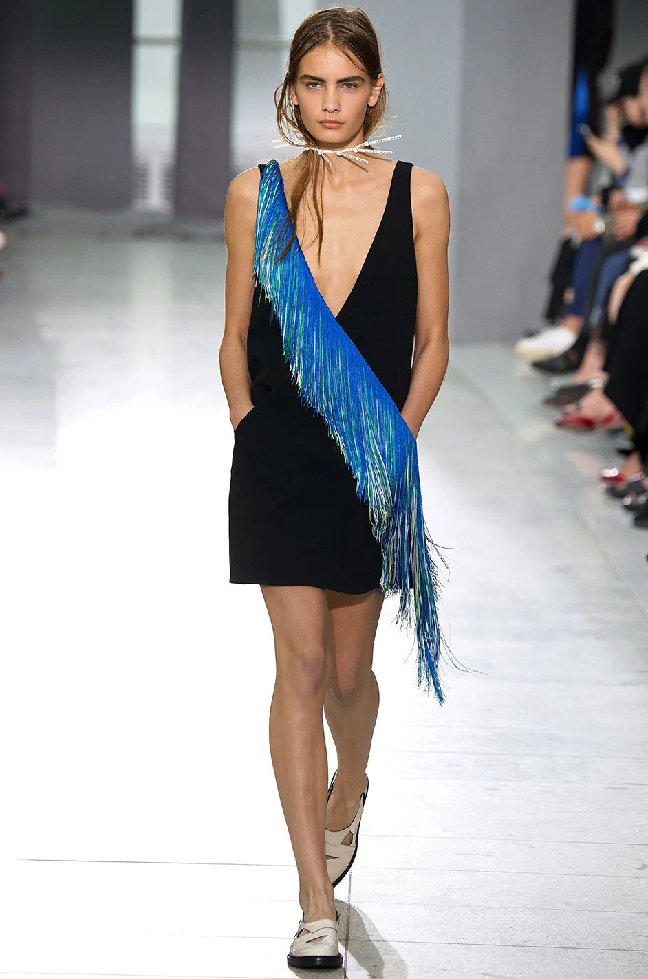 Spring 2016 Christopher Kane Runway Blue Fringe on Black Mini Dress
