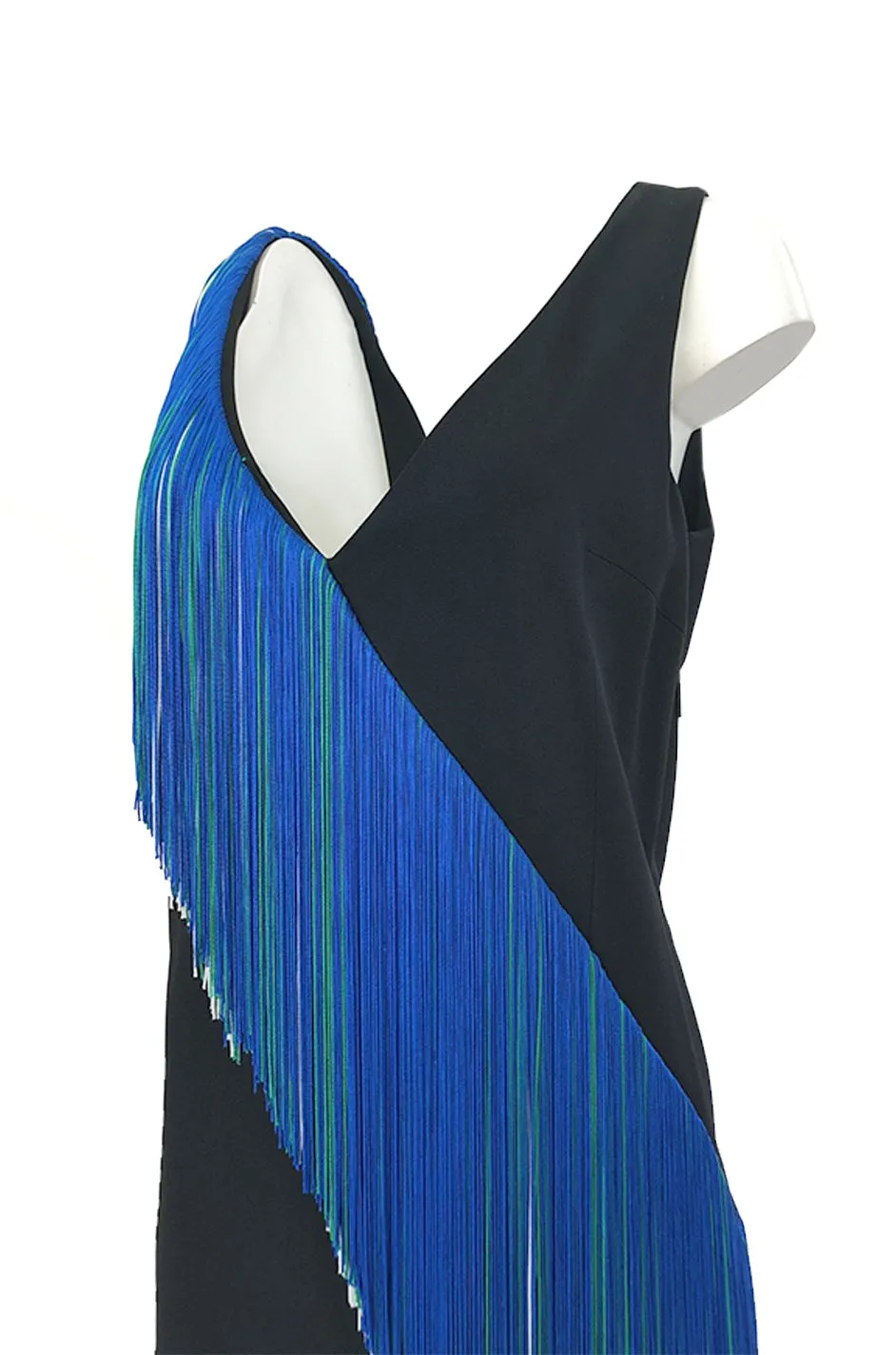 Spring 2016 Christopher Kane Runway Blue Fringe on Black Mini Dress