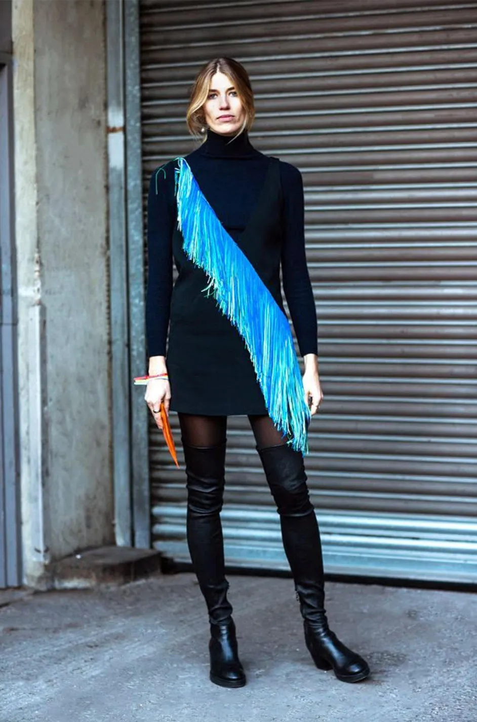 Spring 2016 Christopher Kane Runway Blue Fringe on Black Mini Dress
