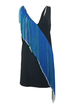 Spring 2016 Christopher Kane Runway Blue Fringe on Black Mini Dress