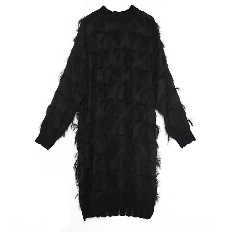 Stand up Collar Long Sleeve Black Perspective Split Joint Dress Big Size Dress