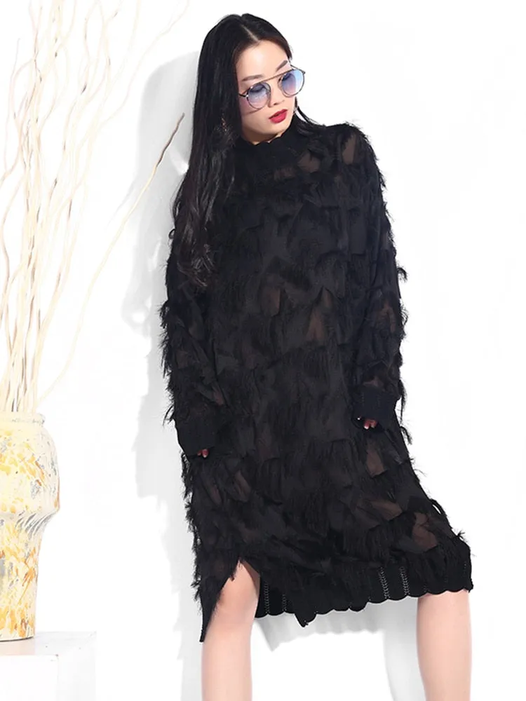Stand up Collar Long Sleeve Black Perspective Split Joint Dress Big Size Dress