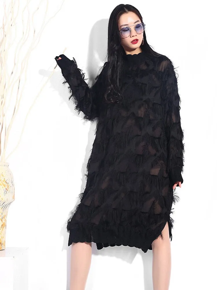 Stand up Collar Long Sleeve Black Perspective Split Joint Dress Big Size Dress