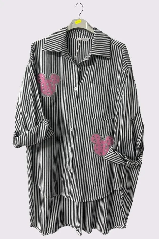 Stripe Print Sparkle Mouse Patch Button Closing Cotton Shirt