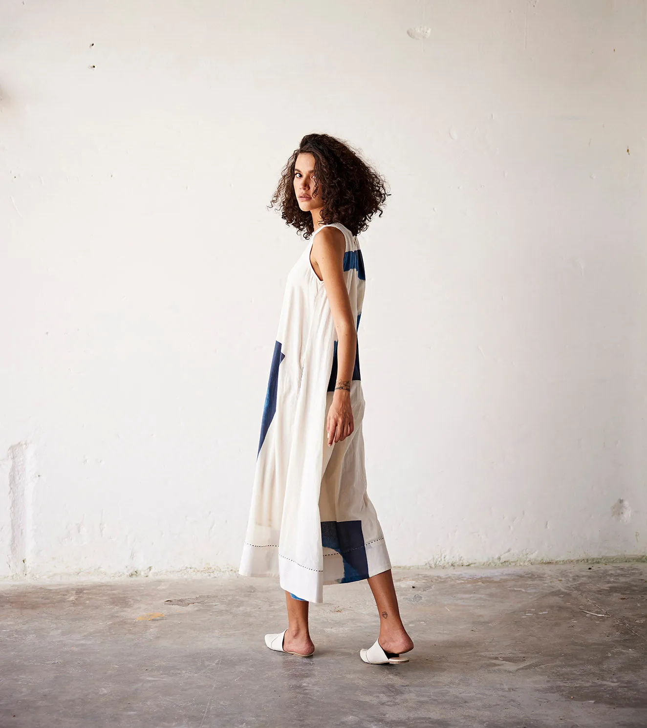Summer Dress Cotton Pleat-Off White Blue-Fashion Edit Indian Summer-KW837-Khara Kapas