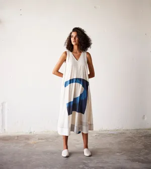 Summer Dress Cotton Pleat-Off White Blue-Fashion Edit Indian Summer-KW837-Khara Kapas