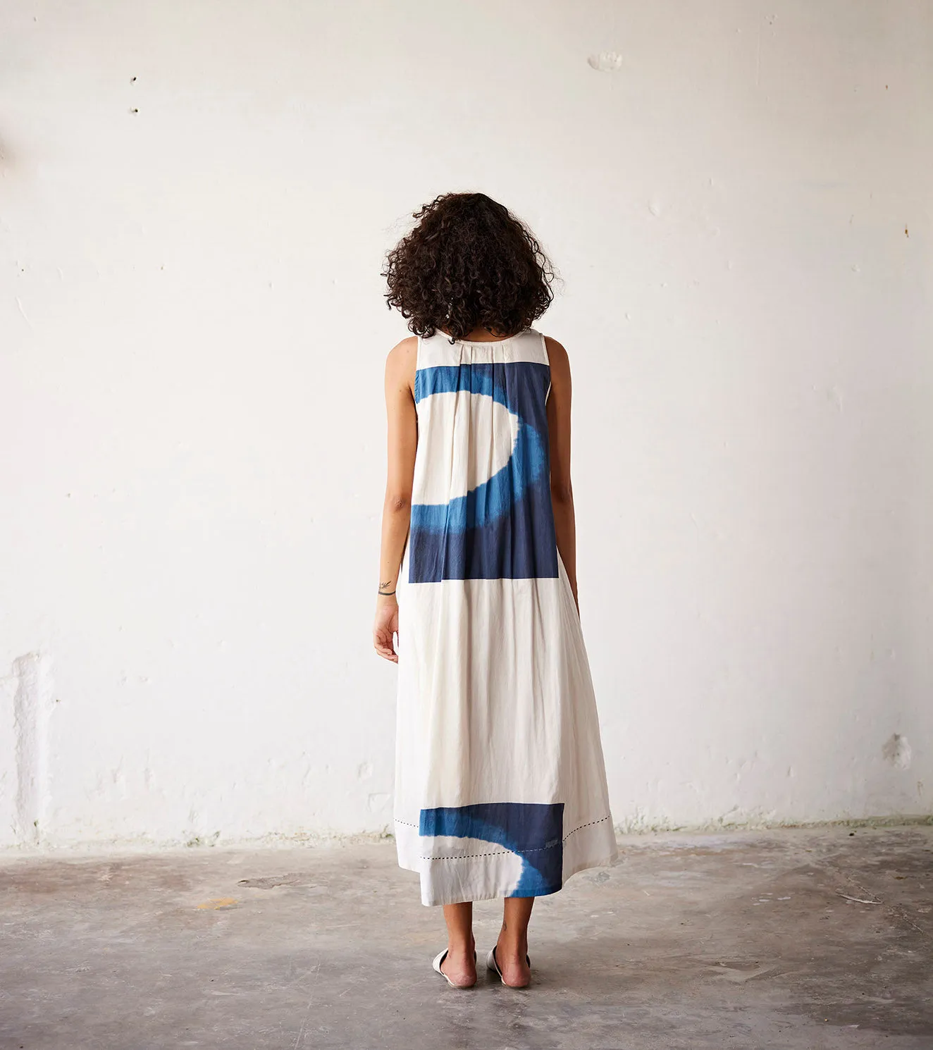 Summer Dress Cotton Pleat-Off White Blue-Fashion Edit Indian Summer-KW837-Khara Kapas