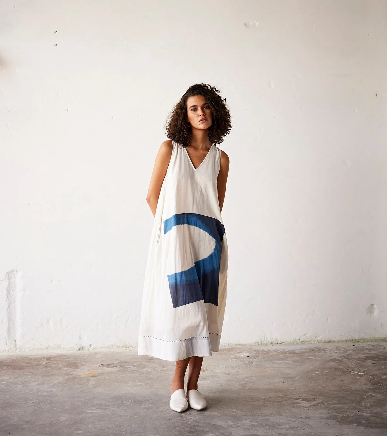 Summer Dress Cotton Pleat-Off White Blue-Fashion Edit Indian Summer-KW837-Khara Kapas