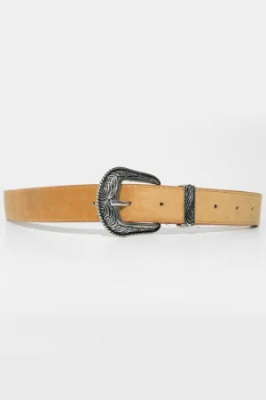 Tan Faux Suede Western Buckle Belt - Rayhana