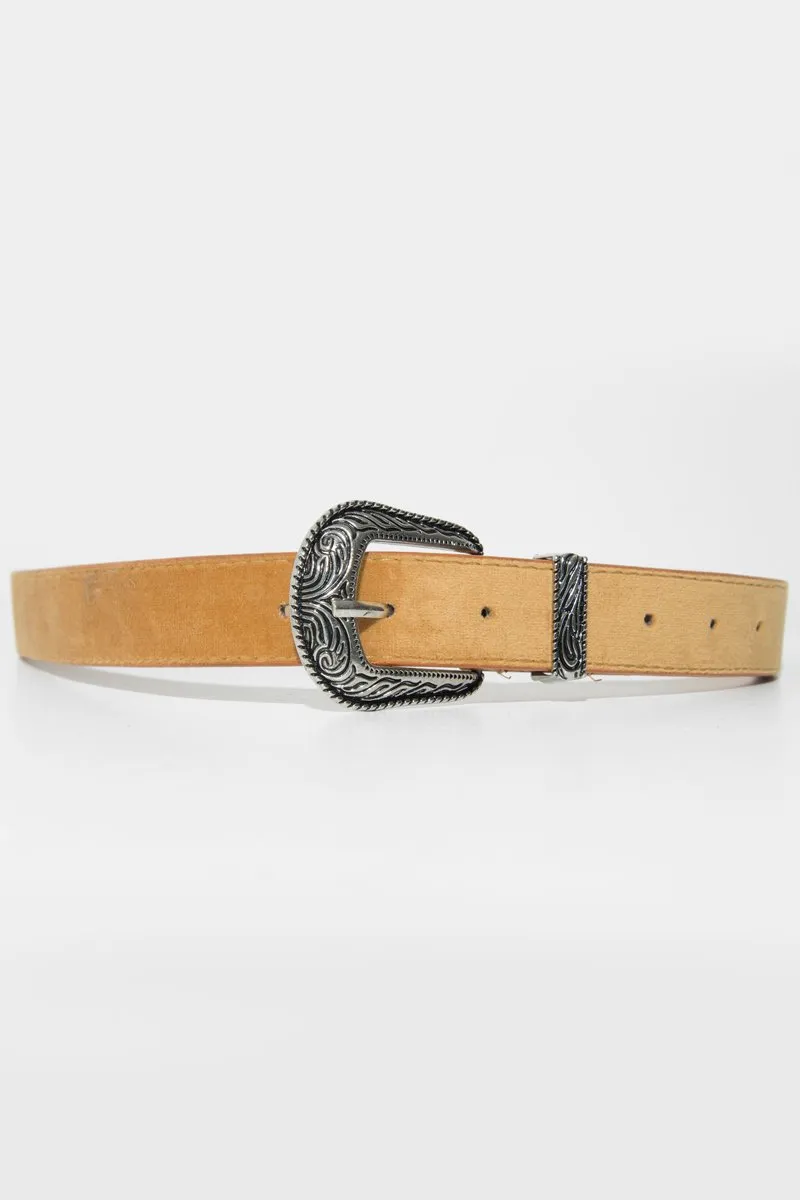 Tan Faux Suede Western Buckle Belt - Rayhana
