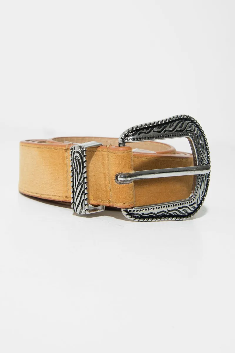 Tan Faux Suede Western Buckle Belt - Rayhana