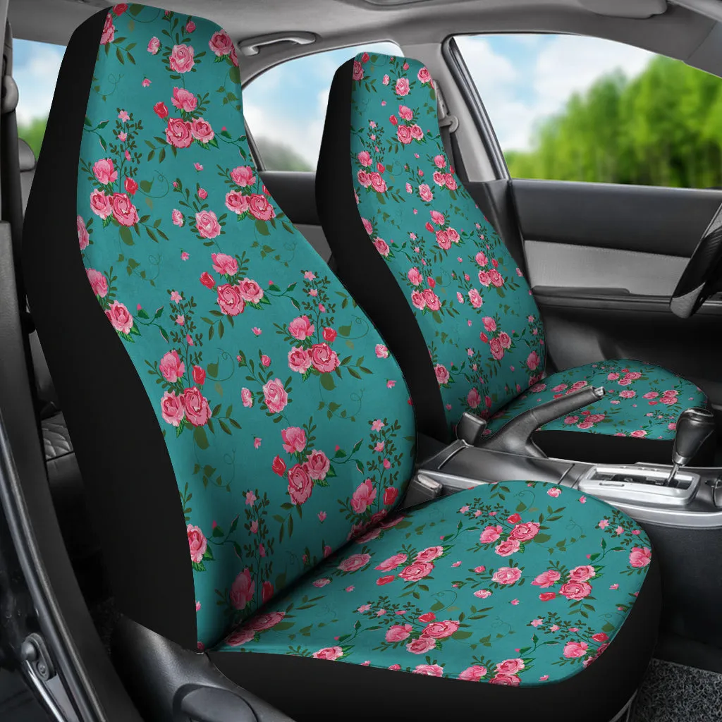 Teal with Pink Roses Shabby Chic Style Car Seat Covers