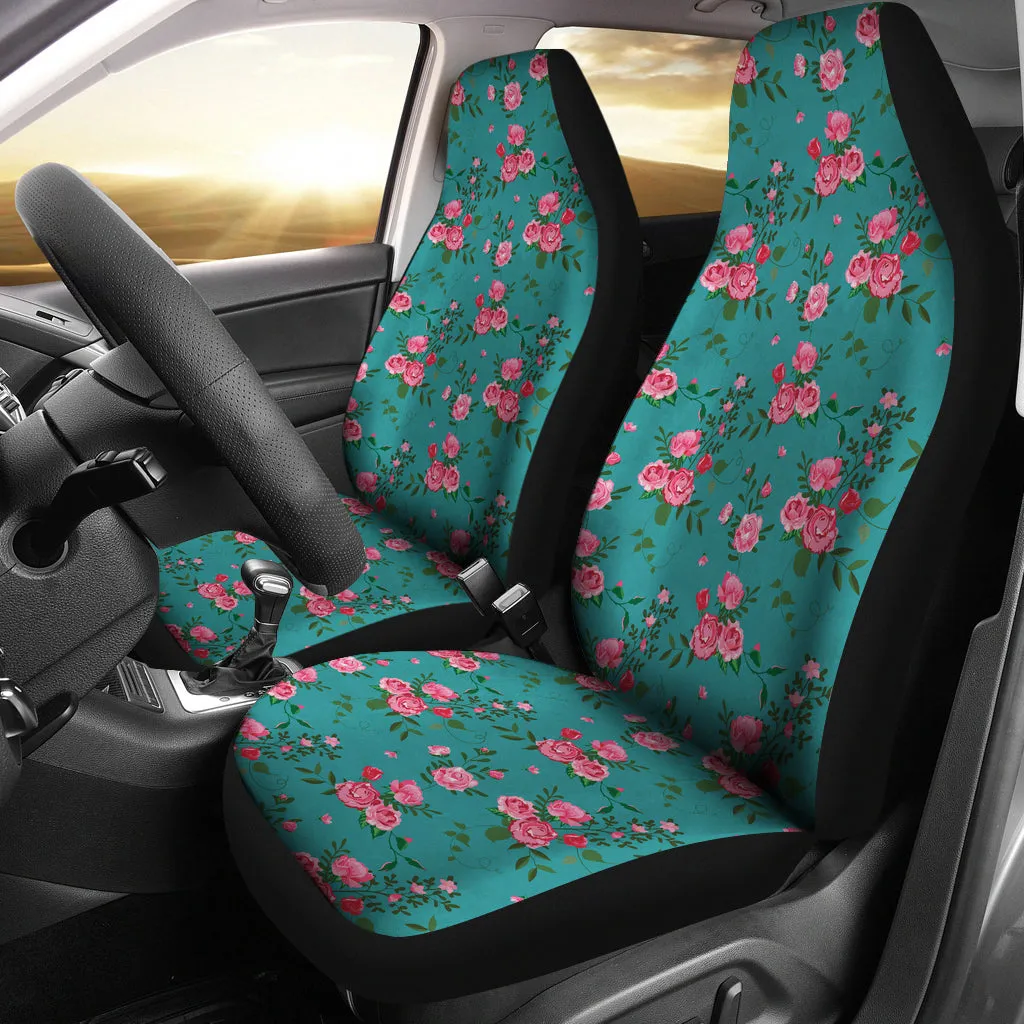 Teal with Pink Roses Shabby Chic Style Car Seat Covers