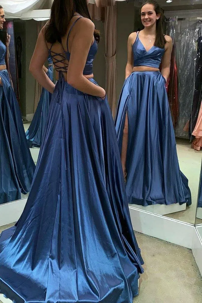 Two Piece Lace Up Blue Long Prom Dress with Slit TP0890