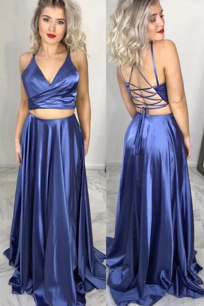 Two Piece Lace Up Blue Long Prom Dress with Slit TP0890