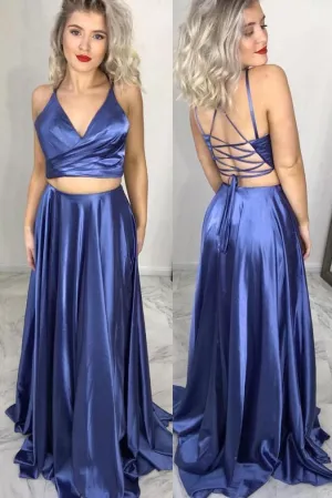 Two Piece Lace Up Blue Long Prom Dress with Slit TP0890