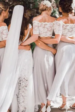 Two pieces Short Sleeve Lace Top Beach Wedding Bridesmaid Dresses, BD43