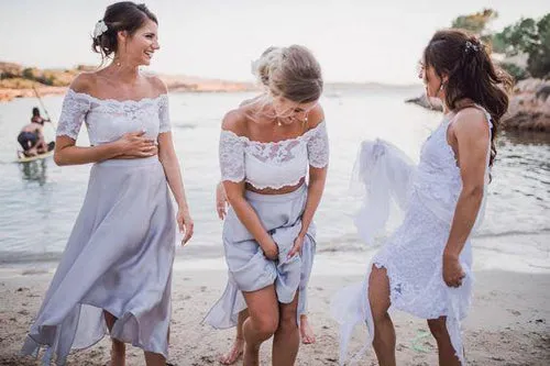 Two pieces Short Sleeve Lace Top Beach Wedding Bridesmaid Dresses, BD43