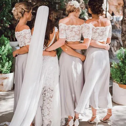 Two pieces Short Sleeve Lace Top Beach Wedding Bridesmaid Dresses, BD43
