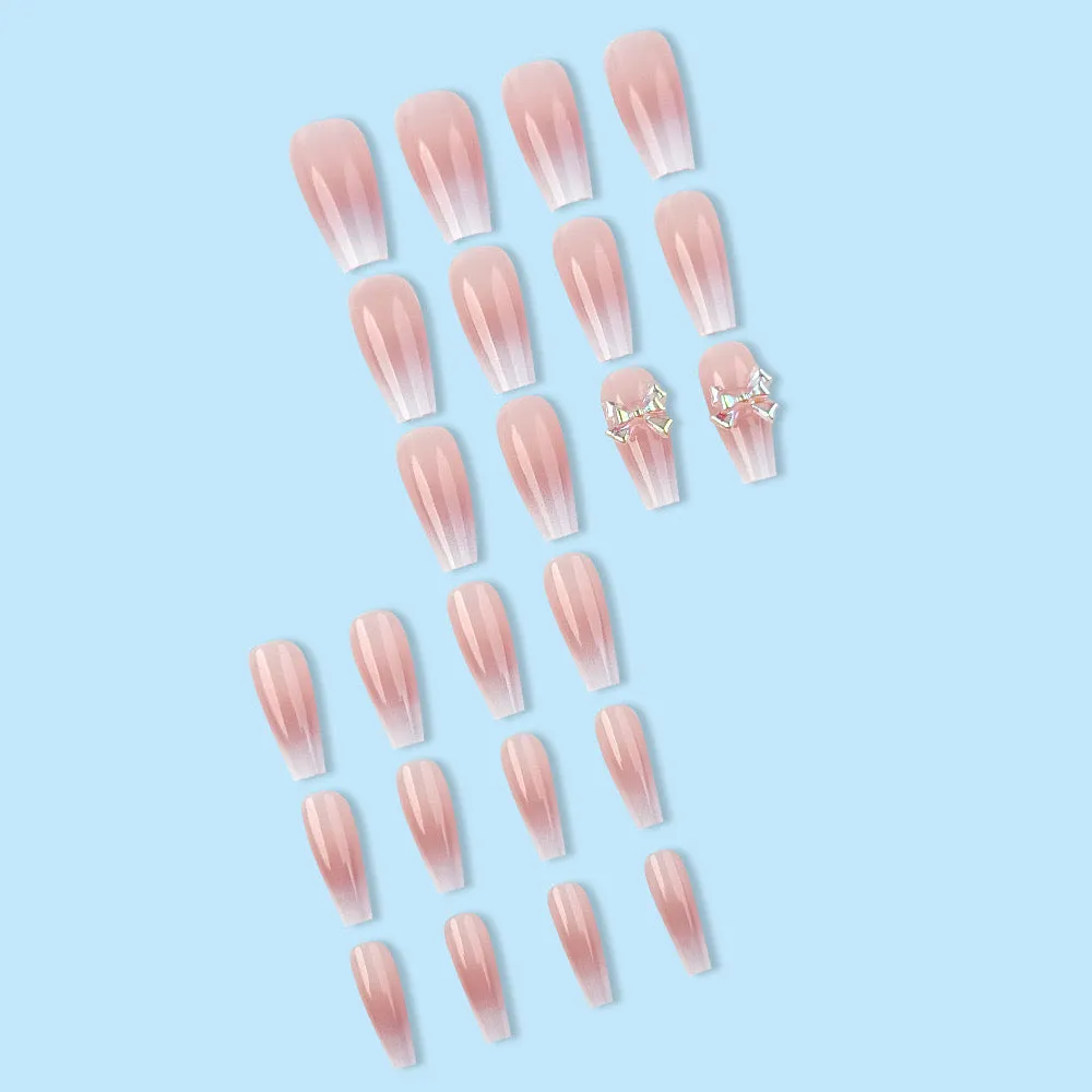Vembley Set of 24 Artificial Reusable Nails In Pink Cream Color With Bow With Glue Cream, Natural, Nude