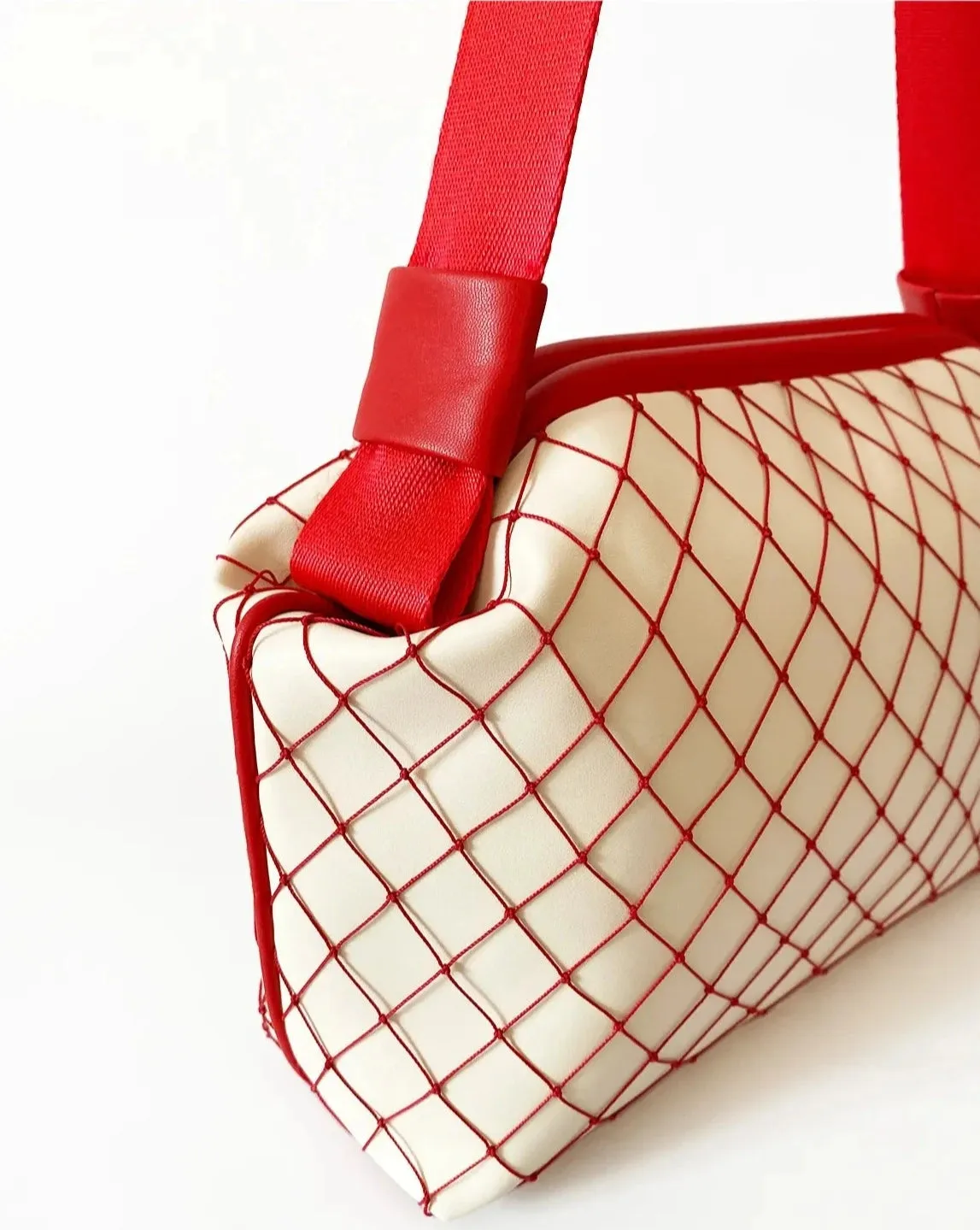 Versatile Red Mesh Detail Cream Faux Leather Handbag