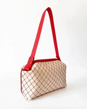 Versatile Red Mesh Detail Cream Faux Leather Handbag