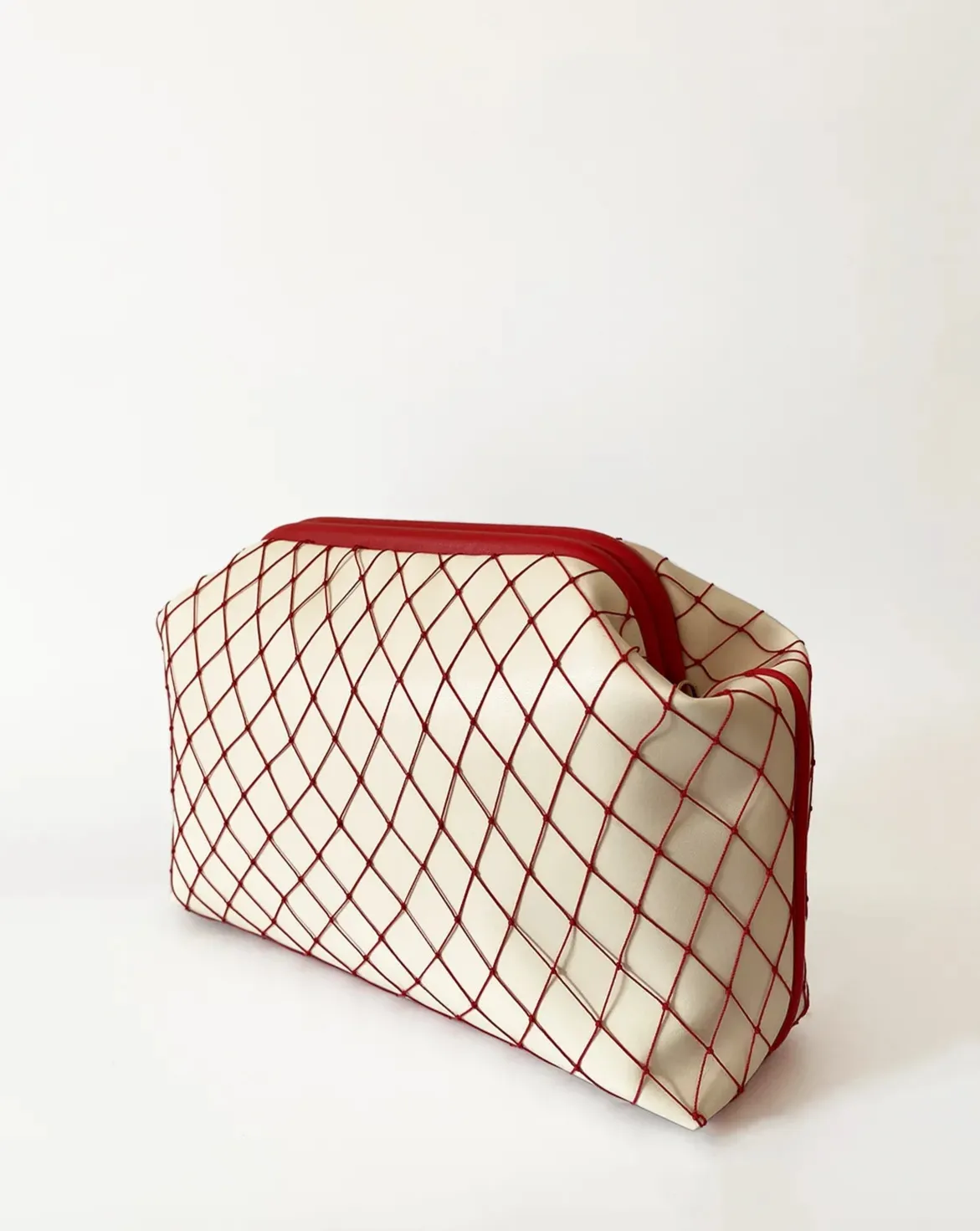 Versatile Red Mesh Detail Cream Faux Leather Handbag