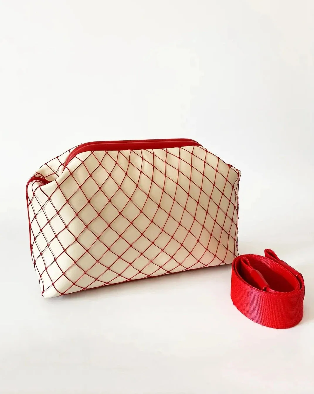 Versatile Red Mesh Detail Cream Faux Leather Handbag