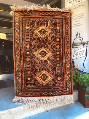 Vintage 1980s Orange Red Fringe 5x3ft Hand Woven Persian Wool Area Rug