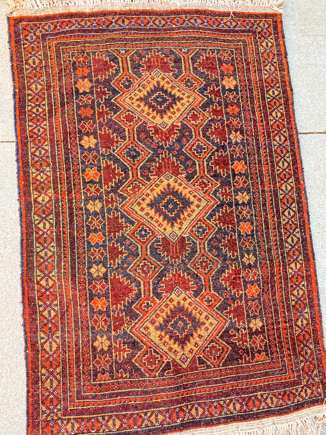Vintage 1980s Orange Red Fringe 5x3ft Hand Woven Persian Wool Area Rug