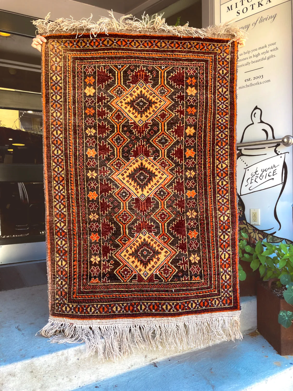 Vintage 1980s Orange Red Fringe 5x3ft Hand Woven Persian Wool Area Rug