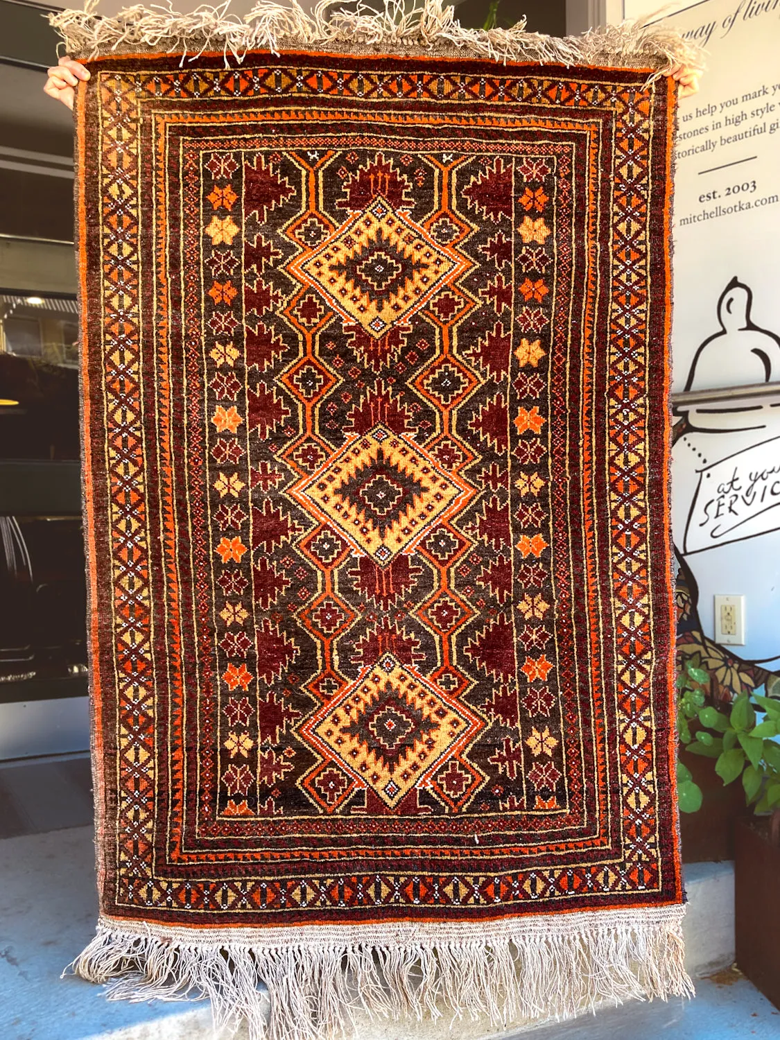 Vintage 1980s Orange Red Fringe 5x3ft Hand Woven Persian Wool Area Rug