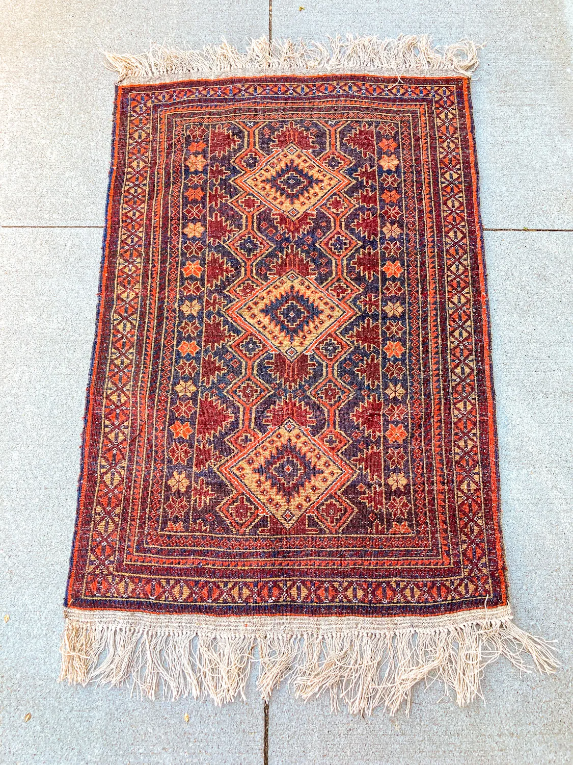 Vintage 1980s Orange Red Fringe 5x3ft Hand Woven Persian Wool Area Rug