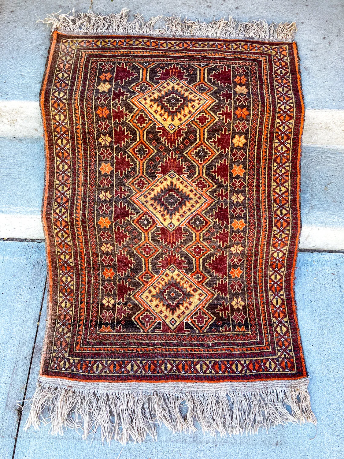 Vintage 1980s Orange Red Fringe 5x3ft Hand Woven Persian Wool Area Rug