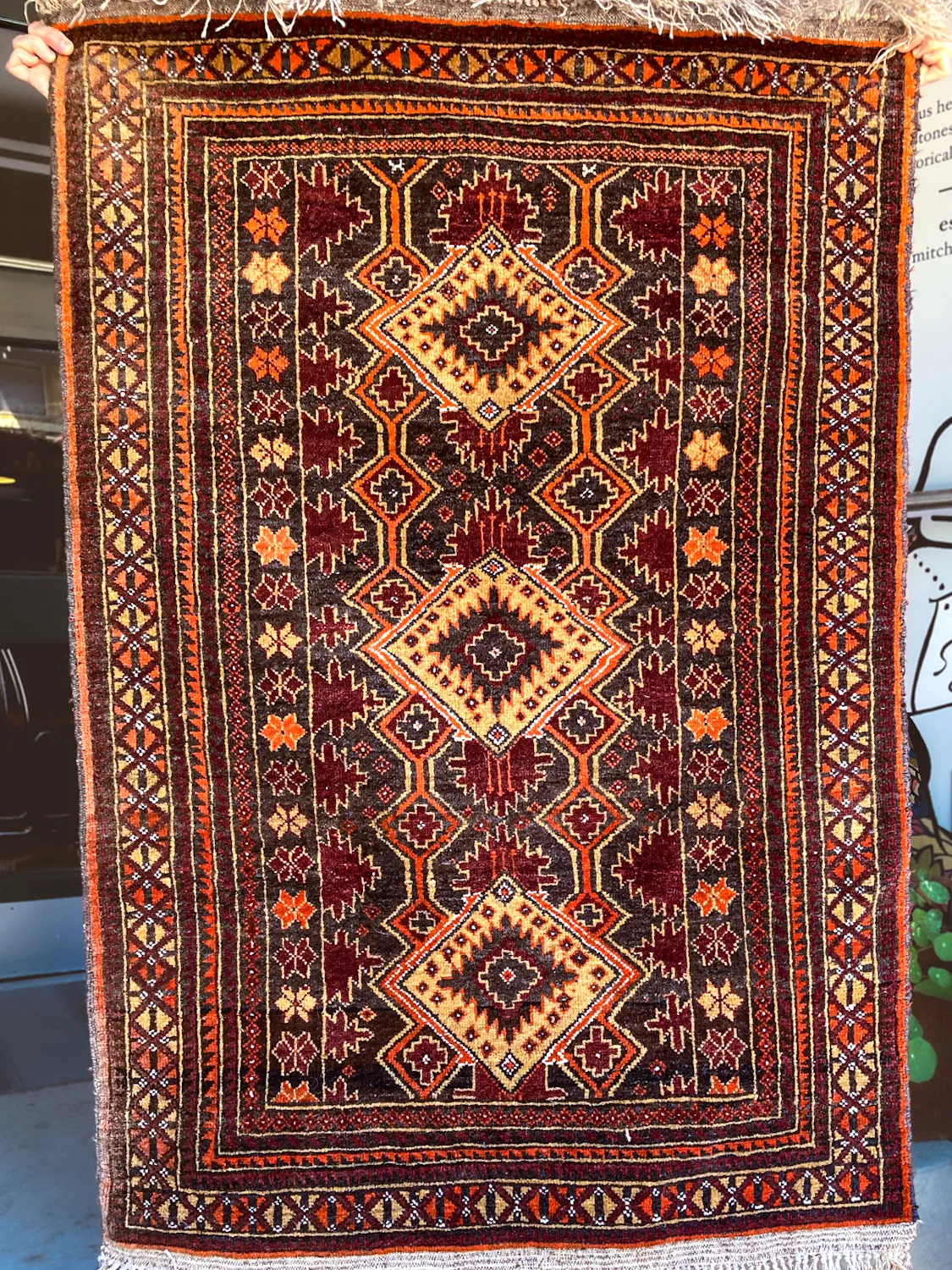 Vintage 1980s Orange Red Fringe 5x3ft Hand Woven Persian Wool Area Rug